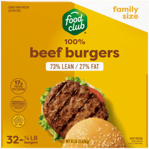 Food Club 73% Lean 27% Fat Beef Burgers Family Size 32 – 0.25 lb Each