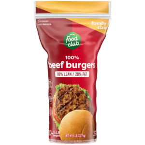 Food Club 100% 80%/20% Beef Burgers Family Size 20 – 0.25 lb Each
