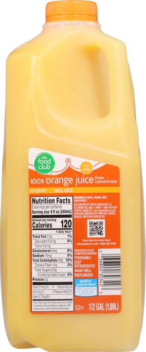 Food Club No Pulp Original 100% Orange Juice 0.5 gal