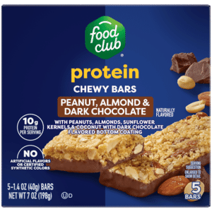 Food Club Protein Peanut  Almond & Dark Chocolate Chewy Bars 5 – 1.4 oz Bars