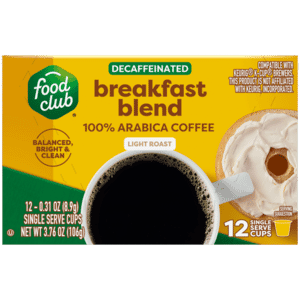 Food Club Decaffeinated Light Roast Breakfast Blend Coffee 12 – 0.31 oz Single Serve Cups