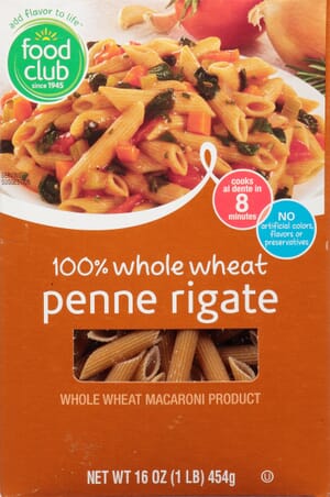 Food Club 100% Whole Wheat Penne Rigate Pasta 16 oz