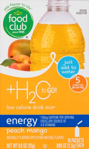 Food Club +H2O to Go Low Calorie Energy Peach Mango Drink Mix 10 oz