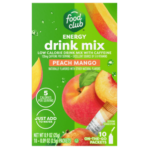 Food Club Energy Low Calorie Peach Mango Drink Mix with Caffeine 10 – 0.09 oz Packets