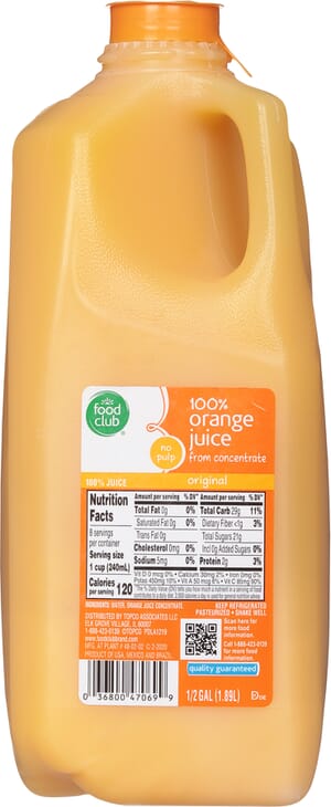 Food Club 100% Orange Juice From Concentrate No Pulp 0.5 gl