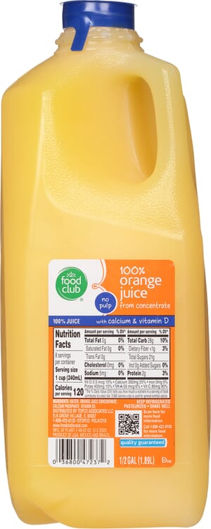 Food Club No Pulp 100% Orange Juice with Calcium & Vitamin D 0.5 gal