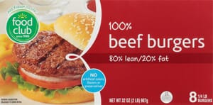 Food Club 80% Lean/20% Fat 100% Beef Burgers 8 ea