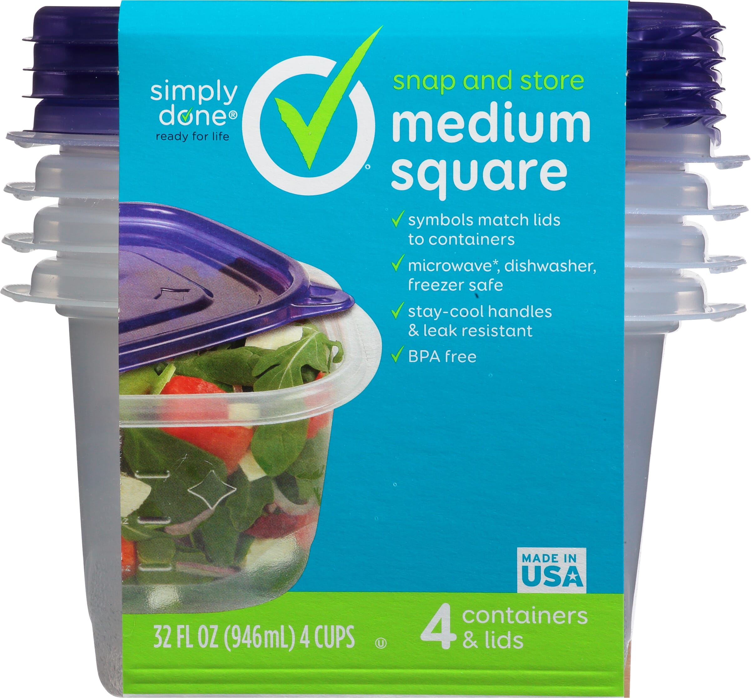 Simply Done 32 Ounces Medium Square Containers & Lids 4 ea