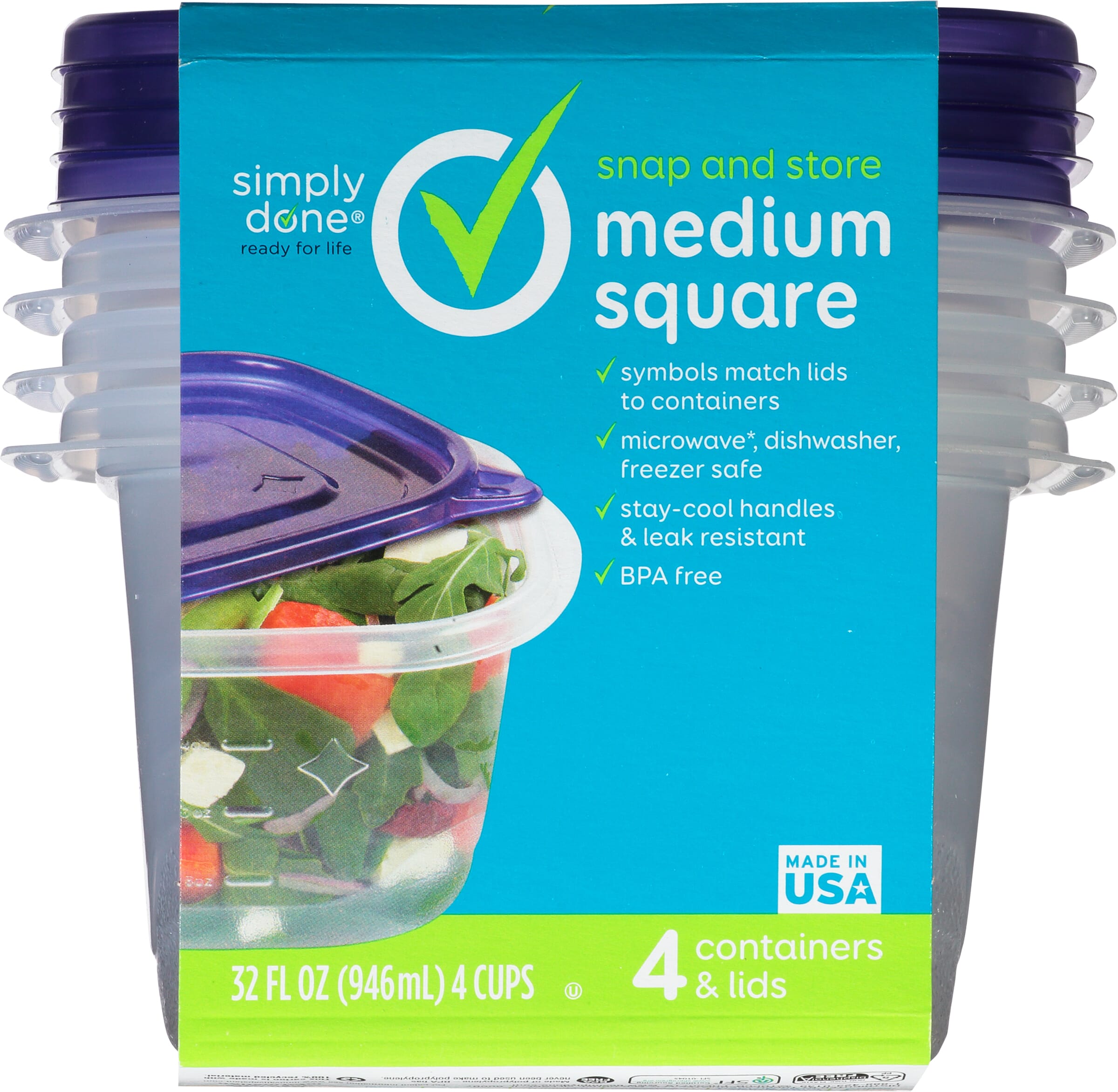 Simply Done 32 Ounces Medium Square Containers & Lids 4 ea